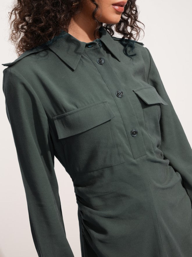 Tokyo Talkies Women Charcoal Solid Shirt Dress - Charcoal - Image 4