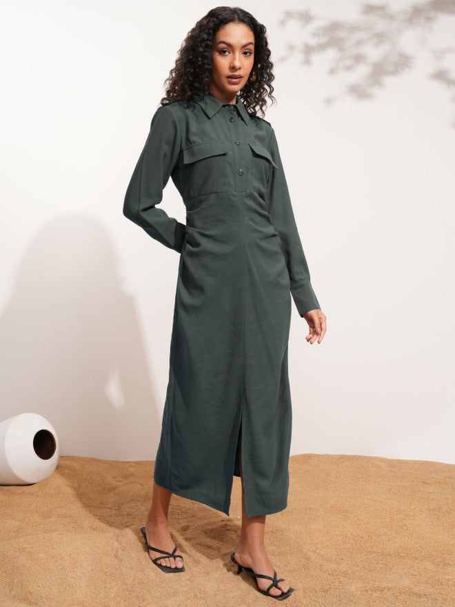 Tokyo Talkies Women Charcoal Solid Shirt Dress - Charcoal - Image 5