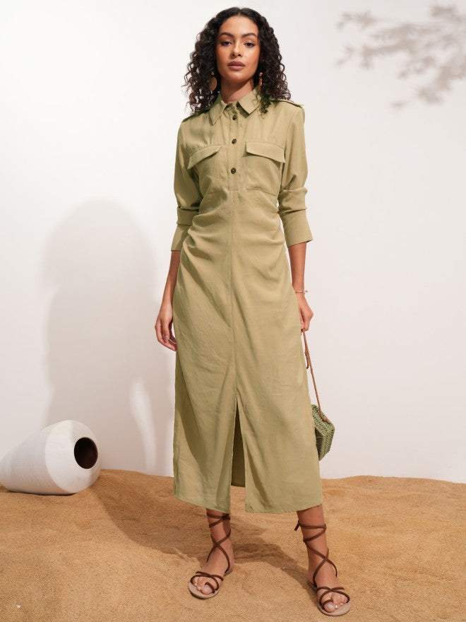 Tokyo Talkies Women Beige Solid Shirt Dress - Beige - Image 1