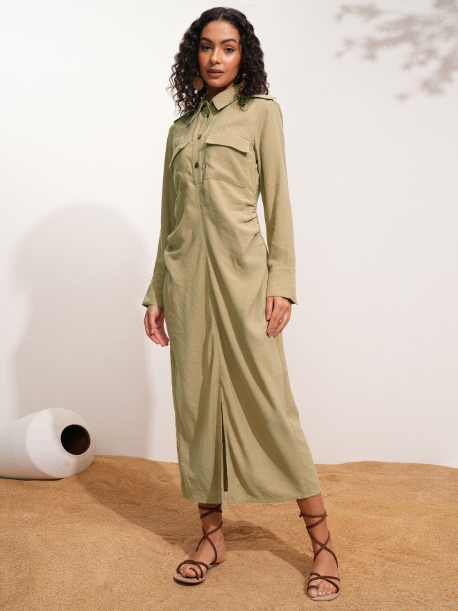 Tokyo Talkies Women Beige Solid Shirt Dress - Beige - Image 3
