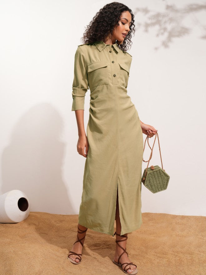 Tokyo Talkies Women Beige Solid Shirt Dress - Beige - Image 5