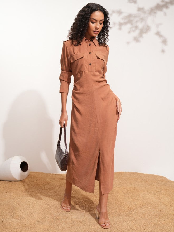 Tokyo Talkies Women Rose Solid Shirt Dress - Rose - Image 1