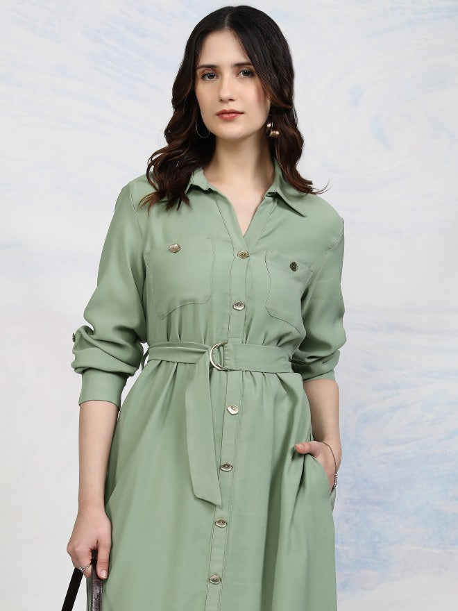 Tokyo Talkies Women Green Solid Shirt Dress - Green - Image 1