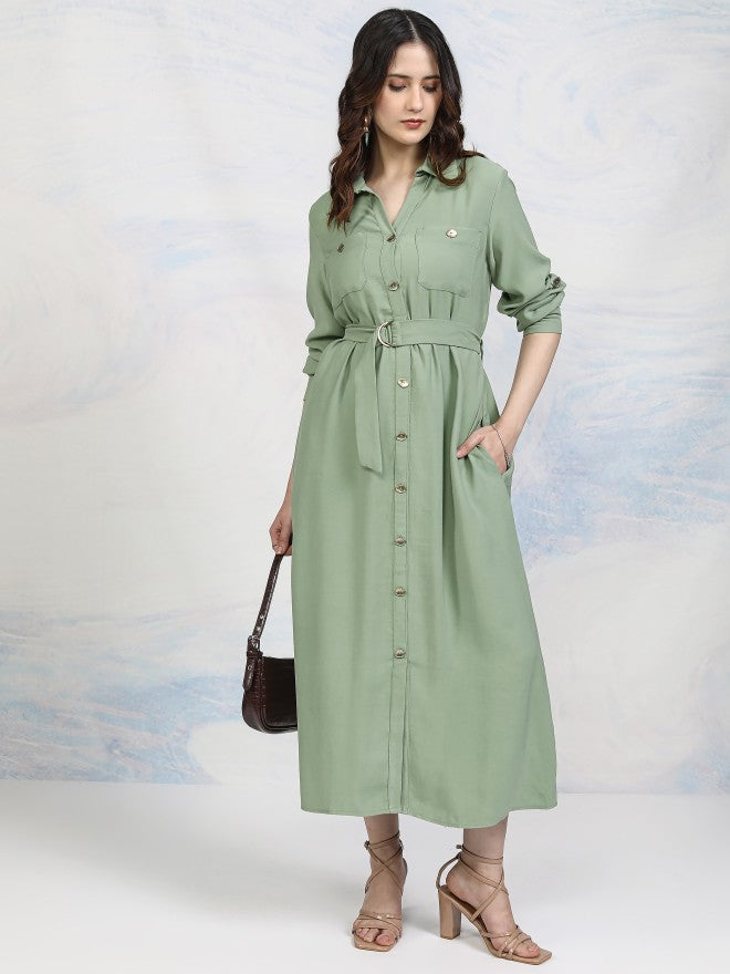 Tokyo Talkies Women Green Solid Shirt Dress - Green - Image 2