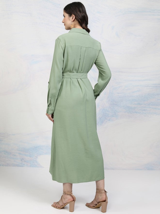 Tokyo Talkies Women Green Solid Shirt Dress - Green - Image 3