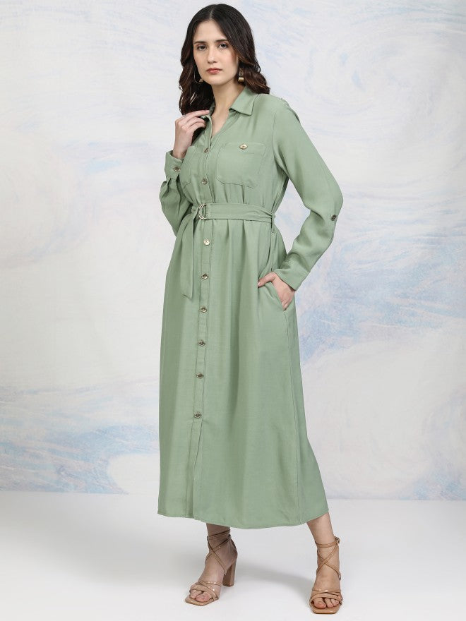 Tokyo Talkies Women Green Solid Shirt Dress - Green - Image 4
