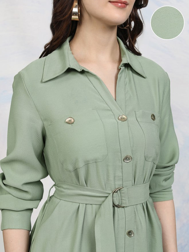 Tokyo Talkies Women Green Solid Shirt Dress - Green - Image 5