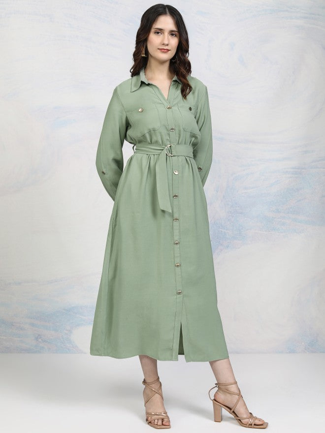 Tokyo Talkies Women Green Solid Shirt Dress - Green - Image 6