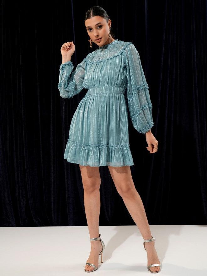 Tokyo Talkies Women Green Self Design Fit and Flare Dress - Green - Image 2