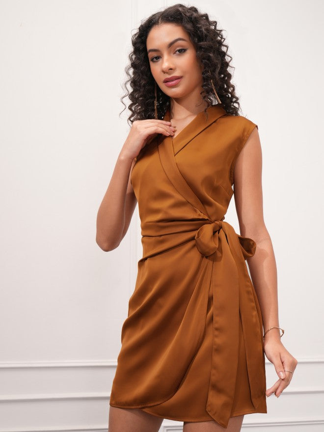 Tokyo Talkies Women Brown Solid Wrap Dress - Brown - Image 4