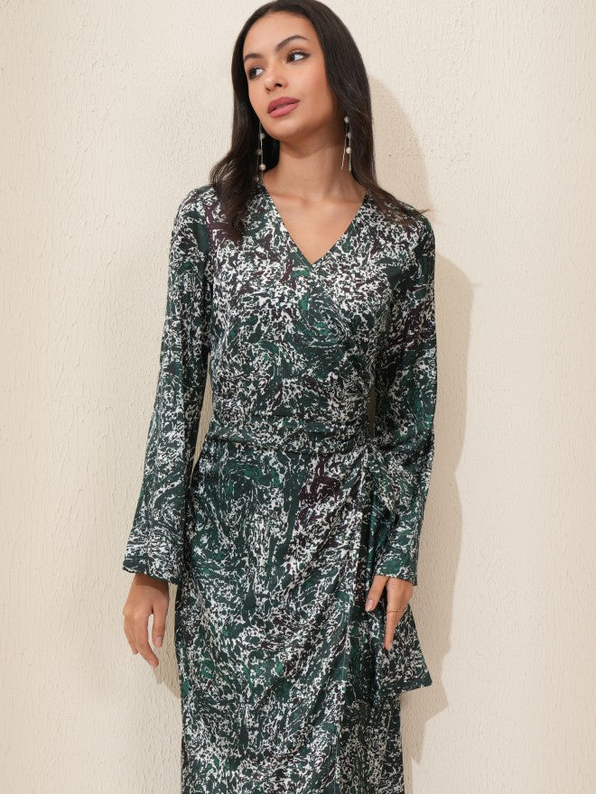 Tokyo Talkies Women Green Printed Fit and Flare Dress - Green - Image 1