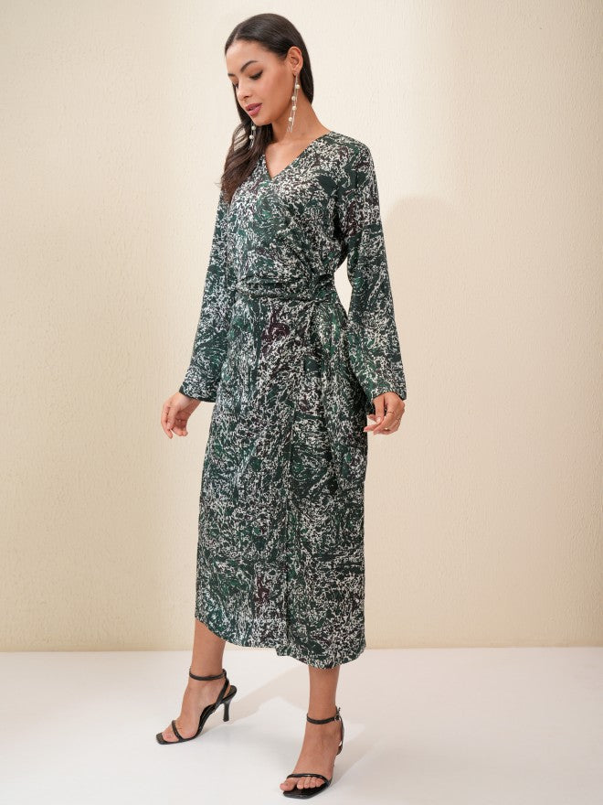 Tokyo Talkies Women Green Printed Fit and Flare Dress - Green - Image 4