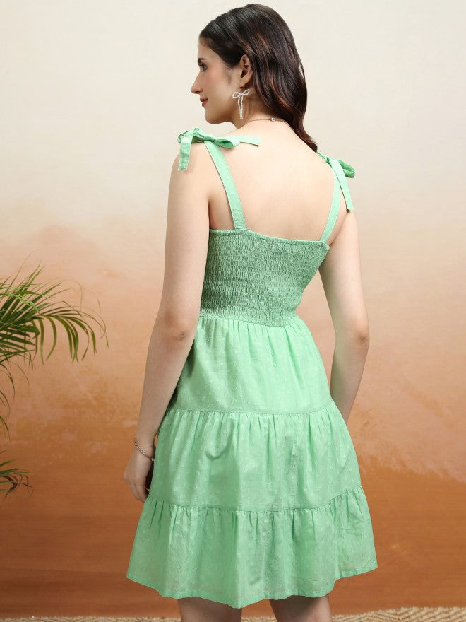 Tokyo Talkies Women Green Self Design Fit and Flare Dress - Green - Image 3