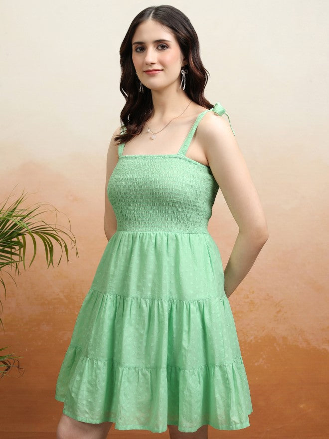 Tokyo Talkies Women Green Self Design Fit and Flare Dress - Green - Image 4