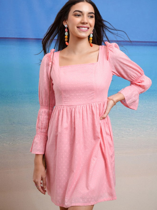 Tokyo Talkies Women Pink Self Design Fit And Flare Dress - Pink - Image 1