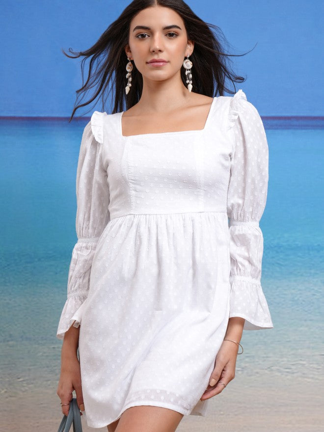 Tokyo Talkies Women White Self Design Fit And Flare Dress - White - Image 1