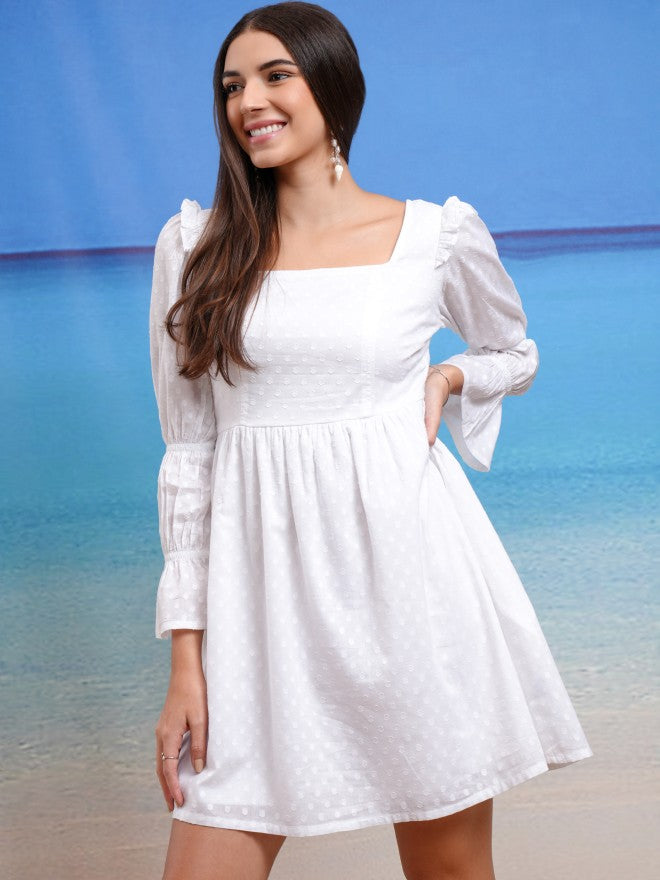 Tokyo Talkies Women White Self Design Fit And Flare Dress - White - Image 4