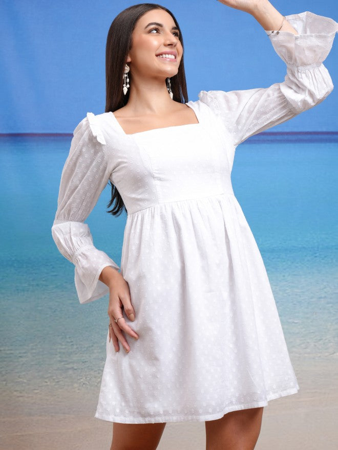 Tokyo Talkies Women White Self Design Fit And Flare Dress - White - Image 6