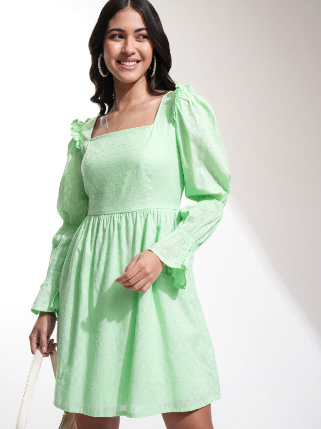 Tokyo Talkies Women Green Self Design A-Line Dress - Green - Image 1