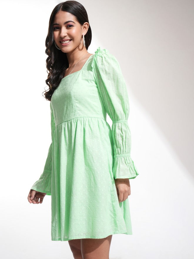 Tokyo Talkies Women Green Self Design A-Line Dress - Green - Image 4