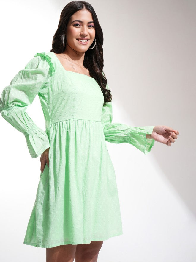 Tokyo Talkies Women Green Self Design A-Line Dress - Green - Image 6