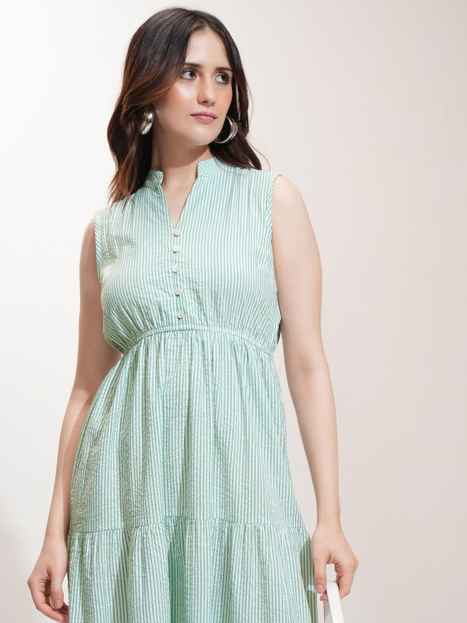 Tokyo Talkies Women Green Striped Fit And Flare Dress - Green - Image 1