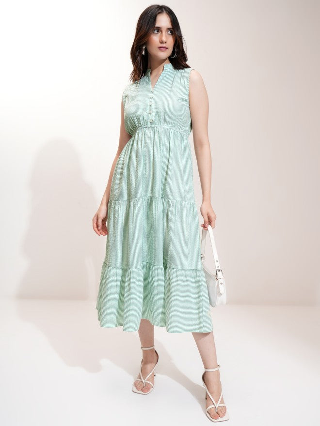 Tokyo Talkies Women Green Striped Fit And Flare Dress - Green - Image 2