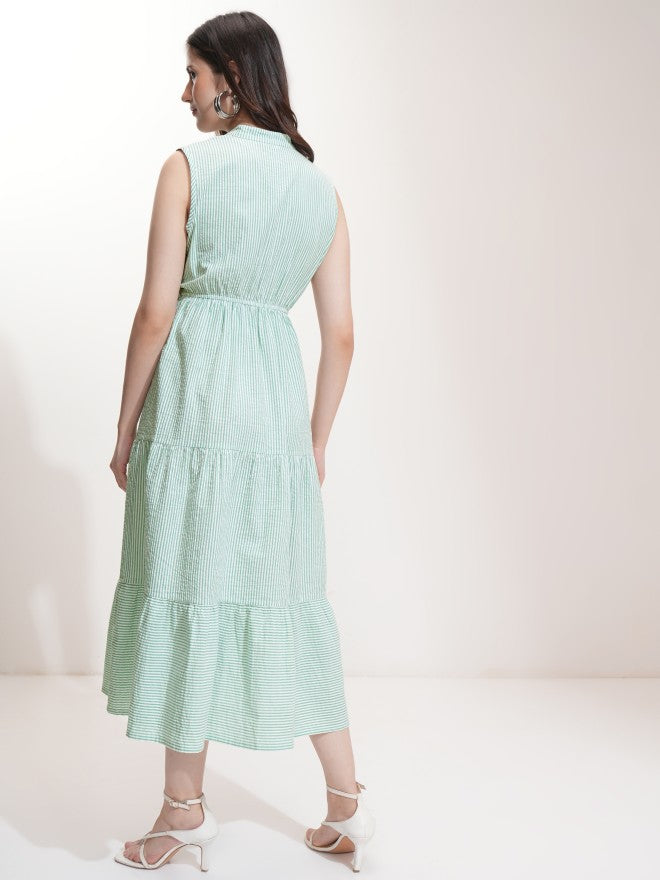 Tokyo Talkies Women Green Striped Fit And Flare Dress - Green - Image 3