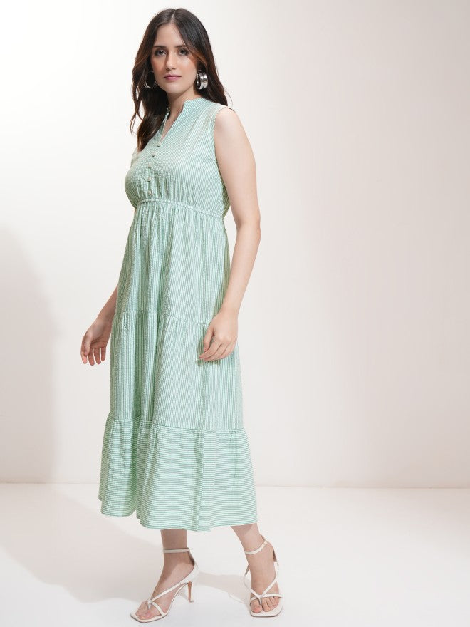 Tokyo Talkies Women Green Striped Fit And Flare Dress - Green - Image 4