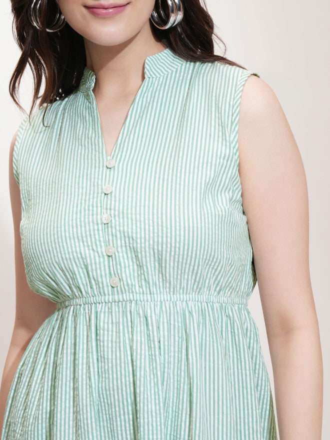 Tokyo Talkies Women Green Striped Fit And Flare Dress - Green - Image 5