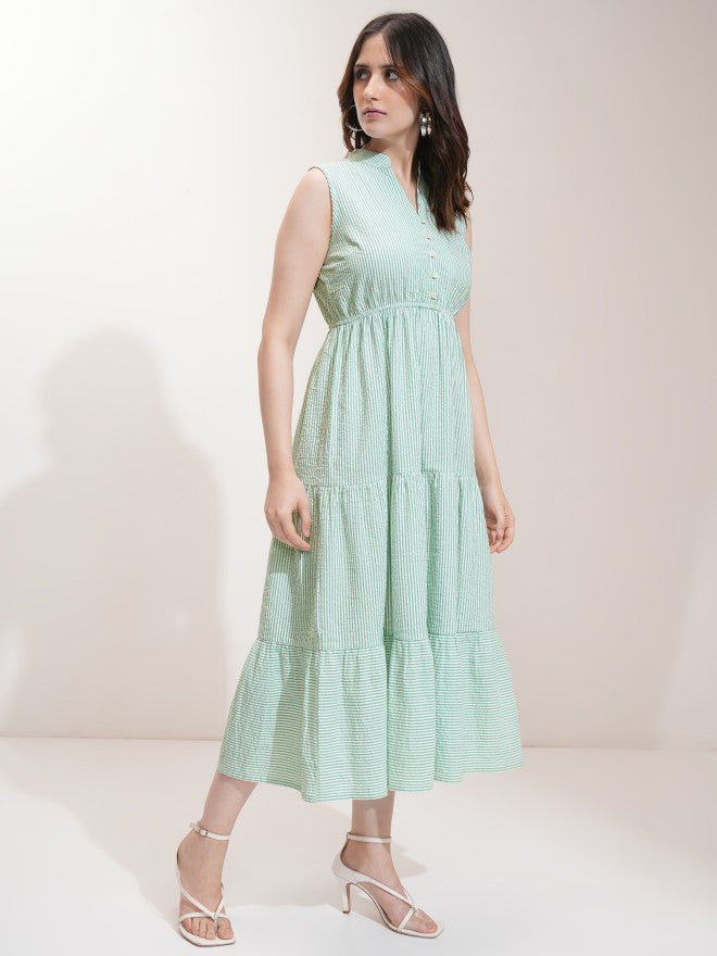 Tokyo Talkies Women Green Striped Fit And Flare Dress - Green - Image 6