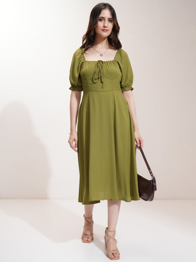 Tokyo Talkies Women Olive Solid Fit And Flare Dress - Olive - Image 2