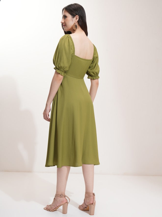Tokyo Talkies Women Olive Solid Fit And Flare Dress - Olive - Image 3