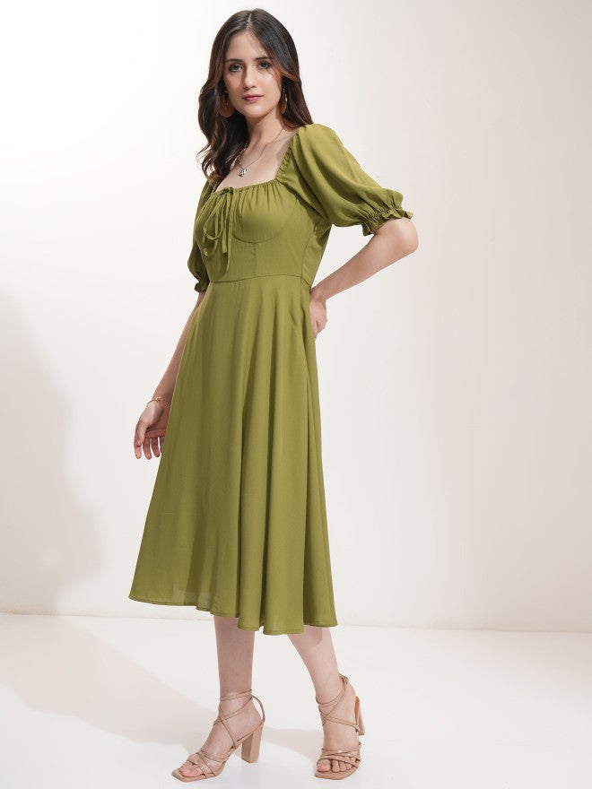 Tokyo Talkies Women Olive Solid Fit And Flare Dress - Olive - Image 4
