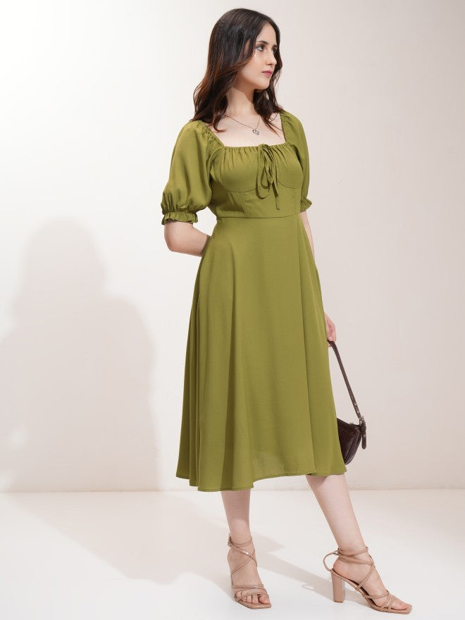 Tokyo Talkies Women Olive Solid Fit And Flare Dress - Olive - Image 6
