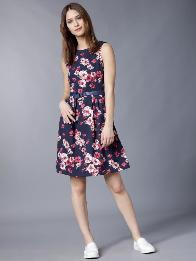 Tokyo Talkies Women Navy Blue Printed Fit and Flare Dress - Navy Blue - Image 1