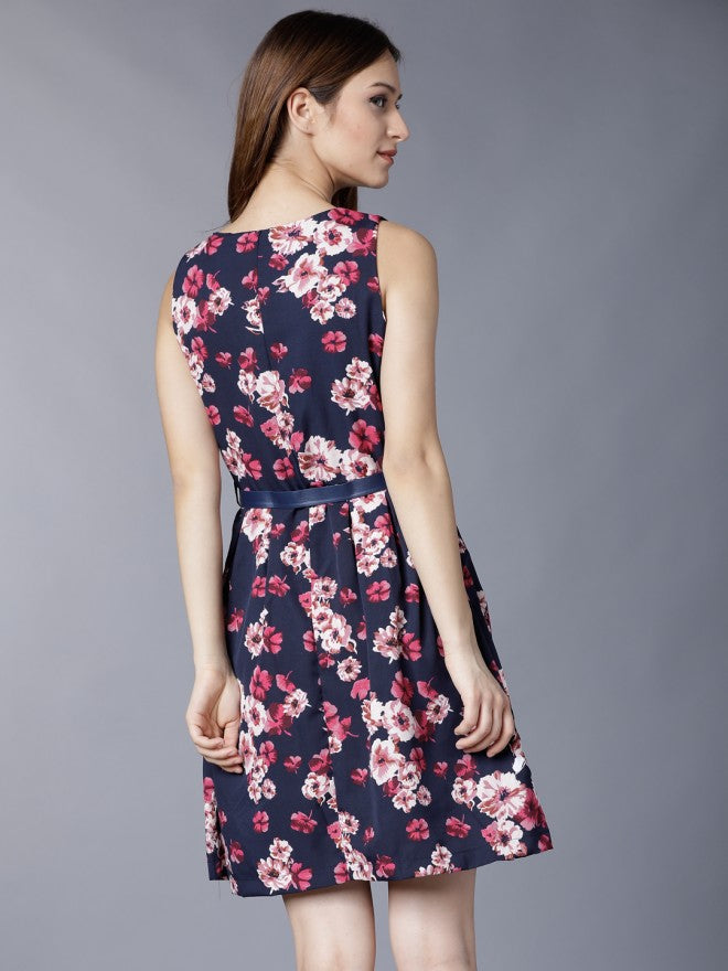 Tokyo Talkies Women Navy Blue Printed Fit and Flare Dress - Navy Blue - Image 2