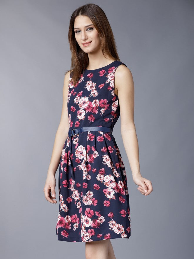 Tokyo Talkies Women Navy Blue Printed Fit and Flare Dress - Navy Blue - Image 3