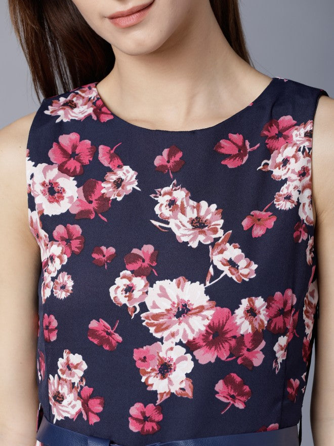 Tokyo Talkies Women Navy Blue Printed Fit and Flare Dress - Navy Blue - Image 4