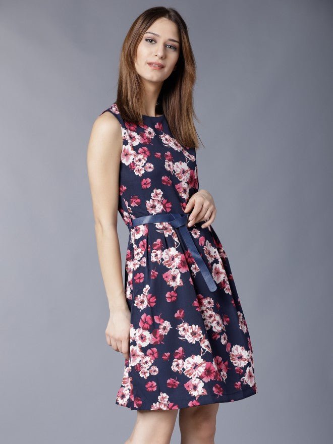 Tokyo Talkies Women Navy Blue Printed Fit and Flare Dress - Navy Blue - Image 5
