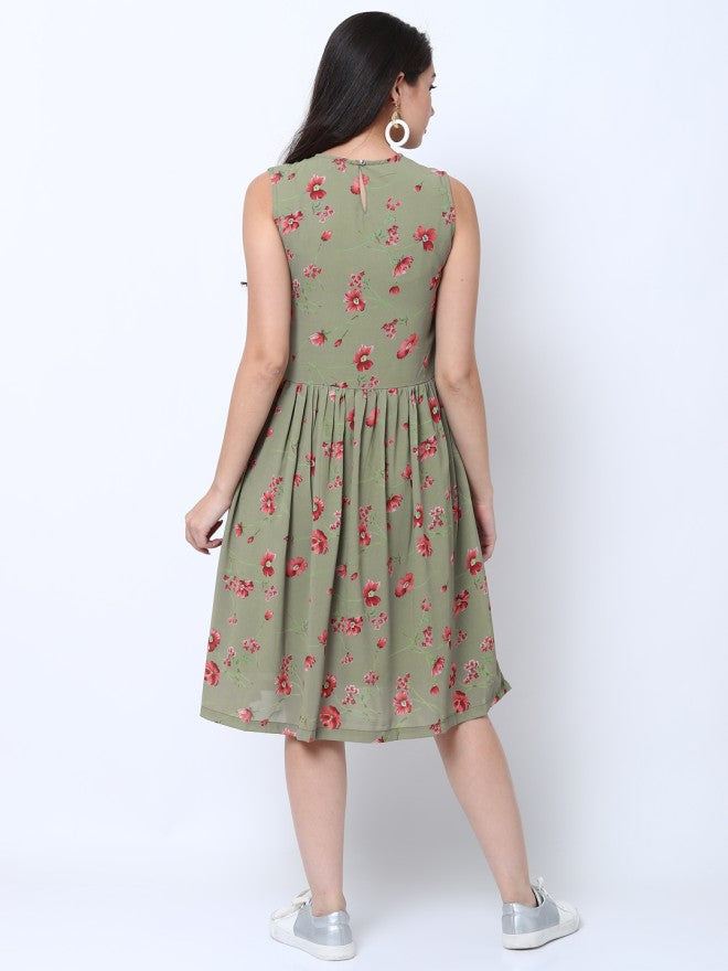 Tokyo Talkies Women  Olive Printed Fit and Flare Dress - Olive - Image 2