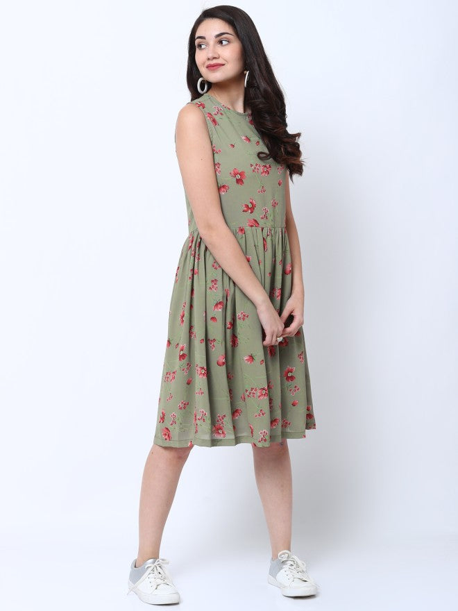 Tokyo Talkies Women  Olive Printed Fit and Flare Dress - Olive - Image 3
