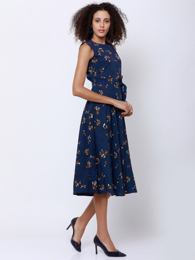 Tokyo Talkies Women Navy Blue Printed A-Line Dress - Navy Blue - Image 3