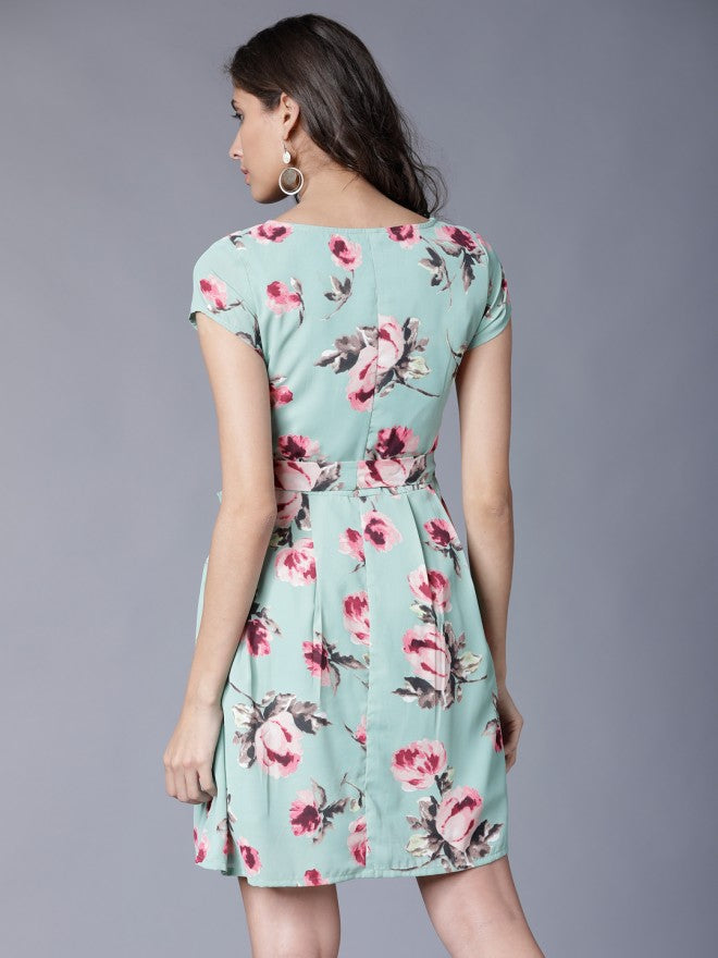 Tokyo Talkies Women Green Printed A-Line Dress - Green - Image 2