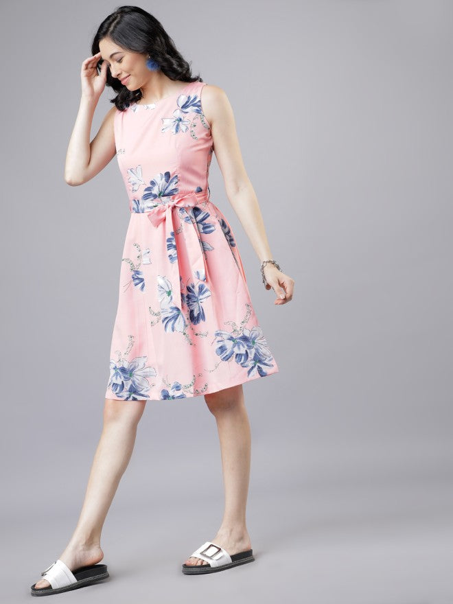 Tokyo Talkies Women Pink Printed Fit and Flare Dress - Pink - Image 1