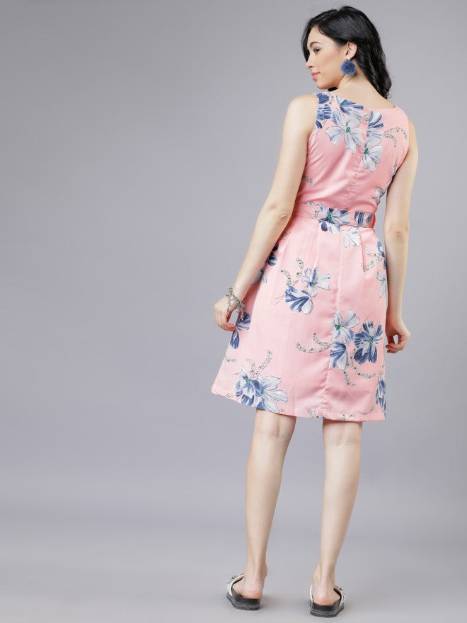 Tokyo Talkies Women Pink Printed Fit and Flare Dress - Pink - Image 2