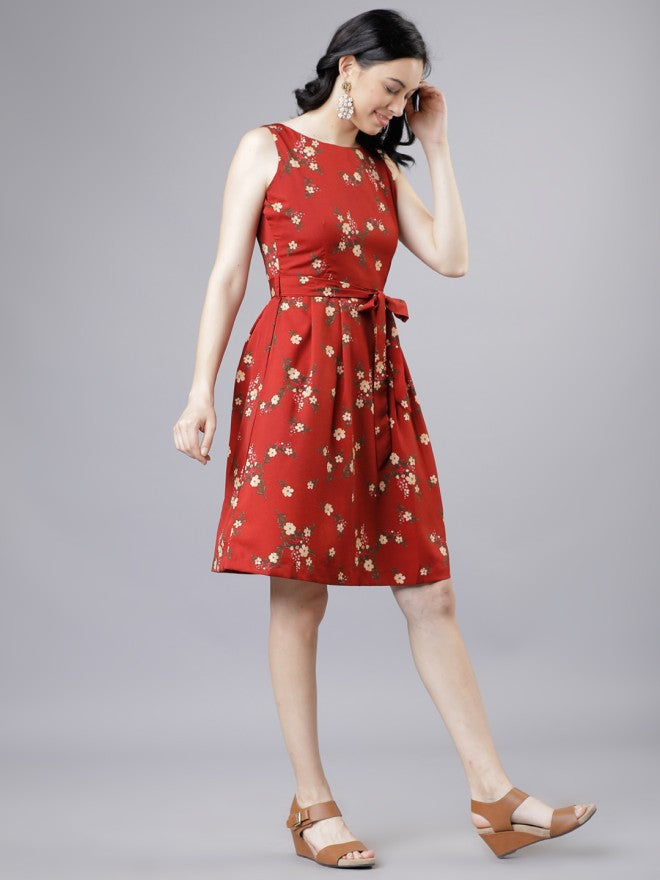 Tokyo Talkies Women Rust Printed Fit and Flare Dress - Rust - Image 3