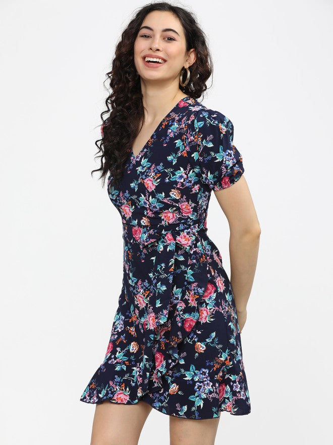 Tokyo Talkies Women Navy Blue Printed Fit and Flare Dress - Navy Blue - Image 1