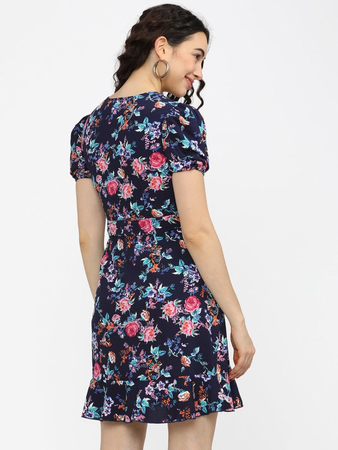 Tokyo Talkies Women Navy Blue Printed Fit and Flare Dress - Navy Blue - Image 2