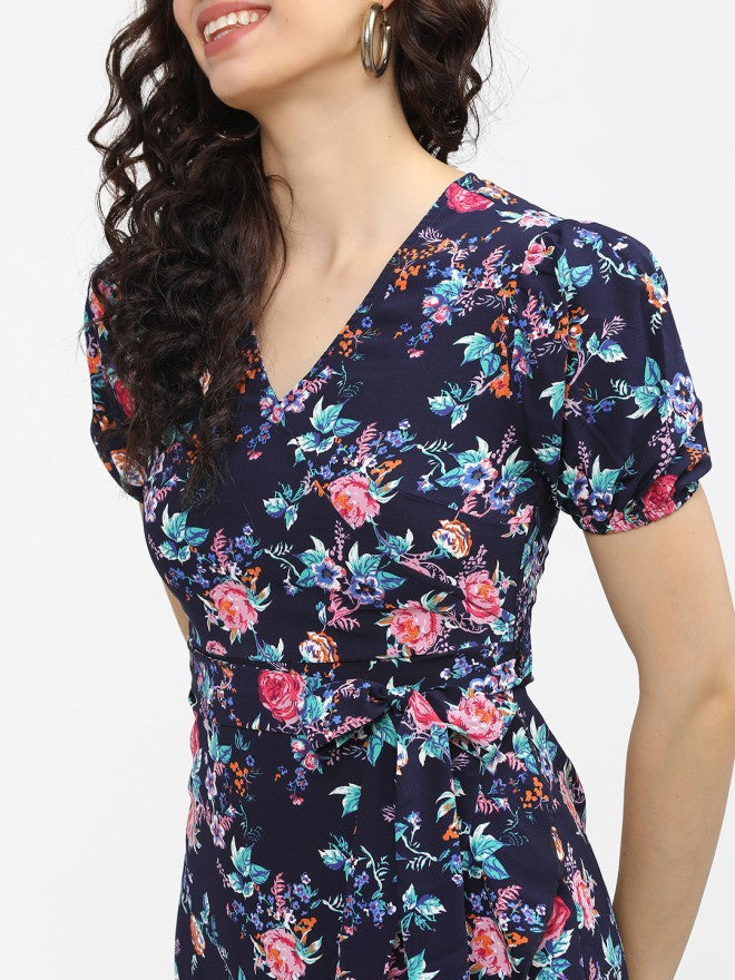 Tokyo Talkies Women Navy Blue Printed Fit and Flare Dress - Navy Blue - Image 3